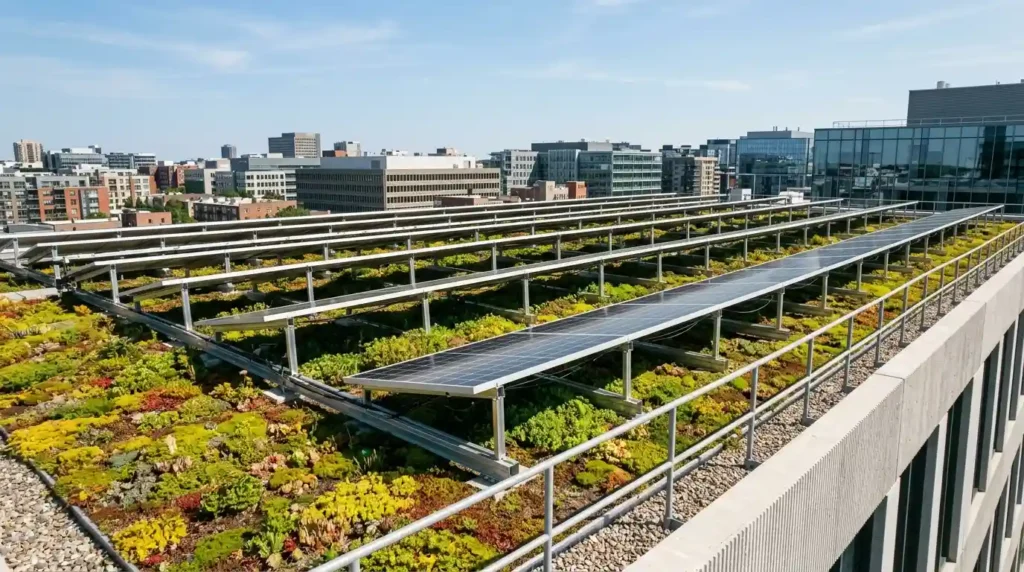 Biosolar roof with solar panels mounted above sedum vegetation