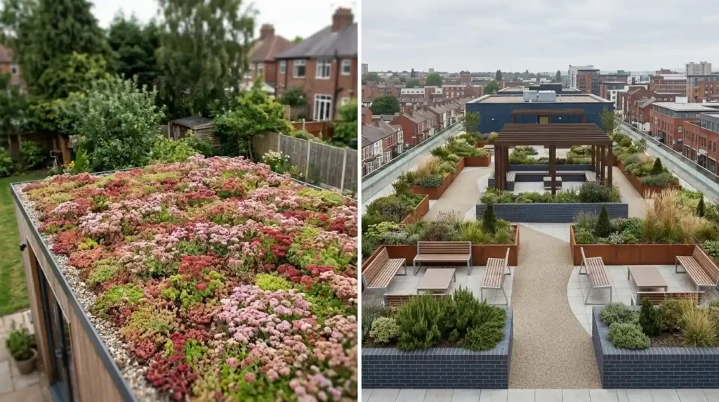 Extensive sedum green roof on UK garden room, Intensive roof garden with paving and planting