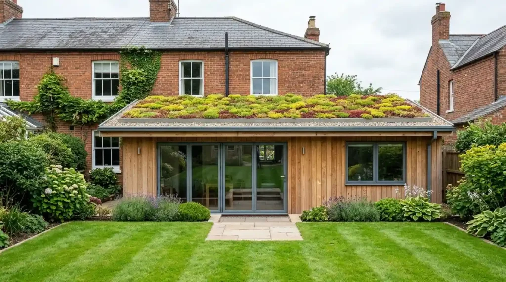 Sedum green roof installed on garden room extension in Nottingham