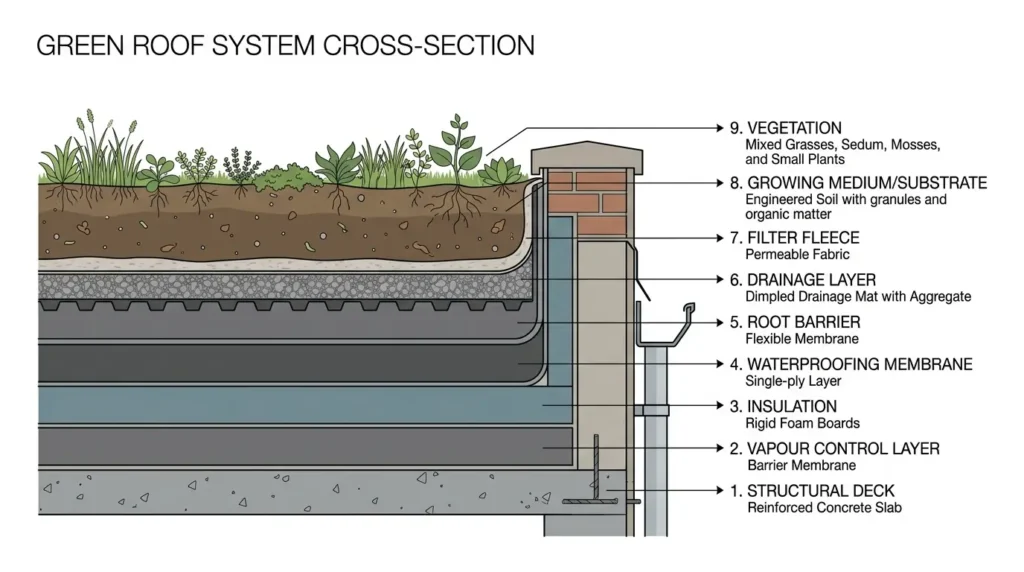 Green roof cross-section diagram showing waterproofing, drainage and substrate layers
