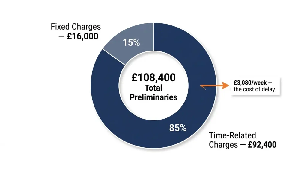 Donut chart of £108,400 total preliminaries split into fixed charges of £16,000 (15%) and time-related charges of £92,400 (85%), equating to £3,080 per week as the cost of delay.