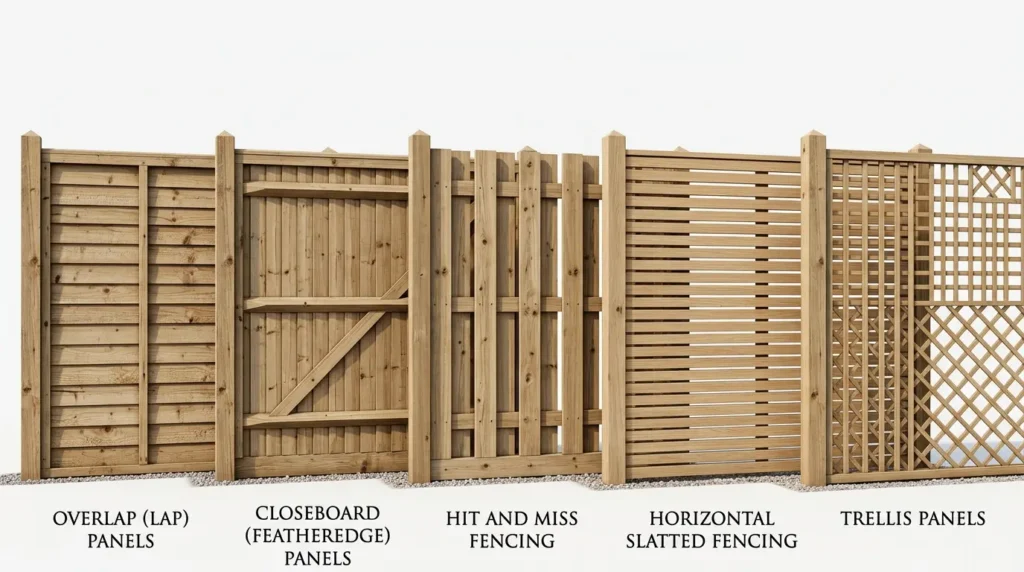 Different types of wooden fence panels