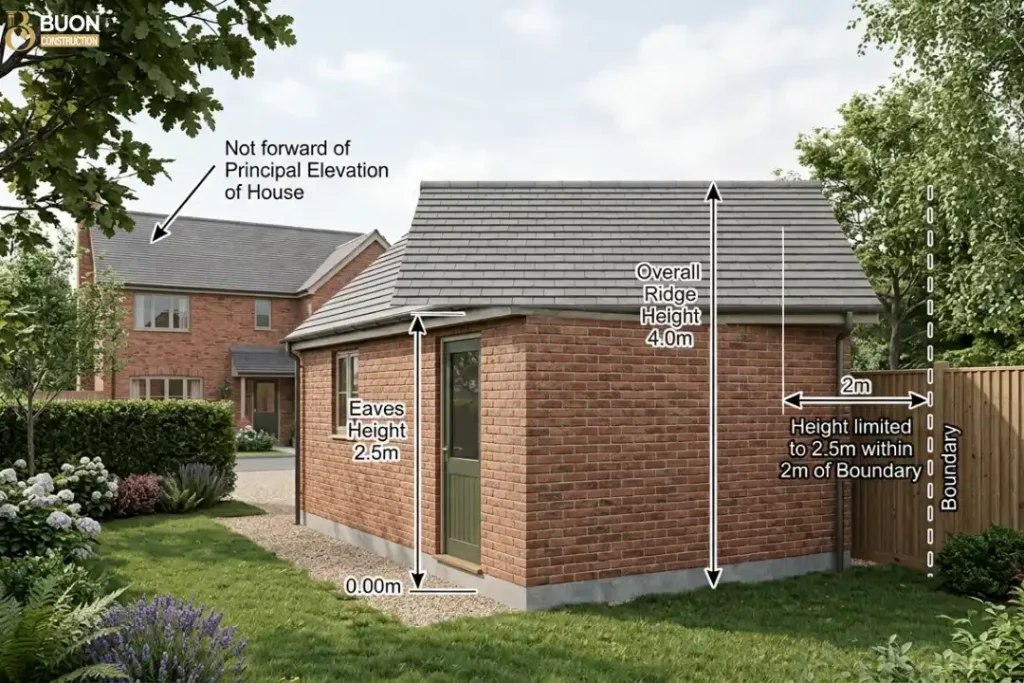 How Much Does It Cost to Build a Garage in the UK? (2026 Prices) 5 UK permitted development rules for garages: height and boundary limits diagram