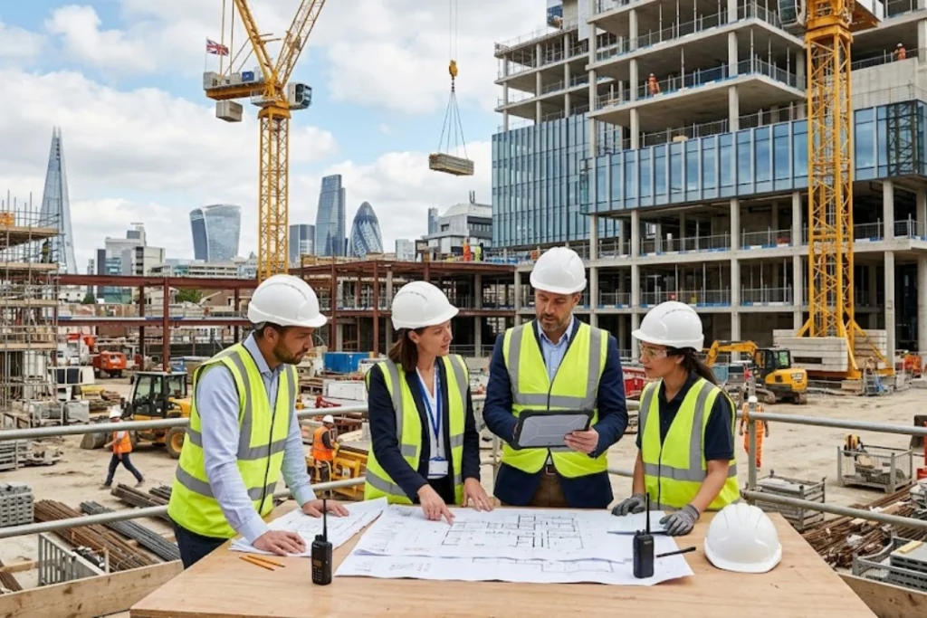 Commercial construction site in the UK with real architects and project managers reviewing blueprints, engineers inspecting structures, cranes and modern office buildings under construction, showing teamwork and corporate workflow.
