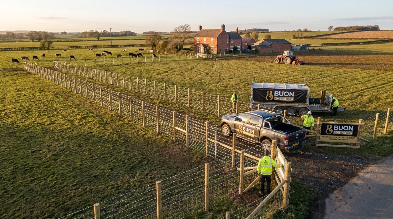 Agricultural barbed wire stock fencing installed on farmland near Nottingham