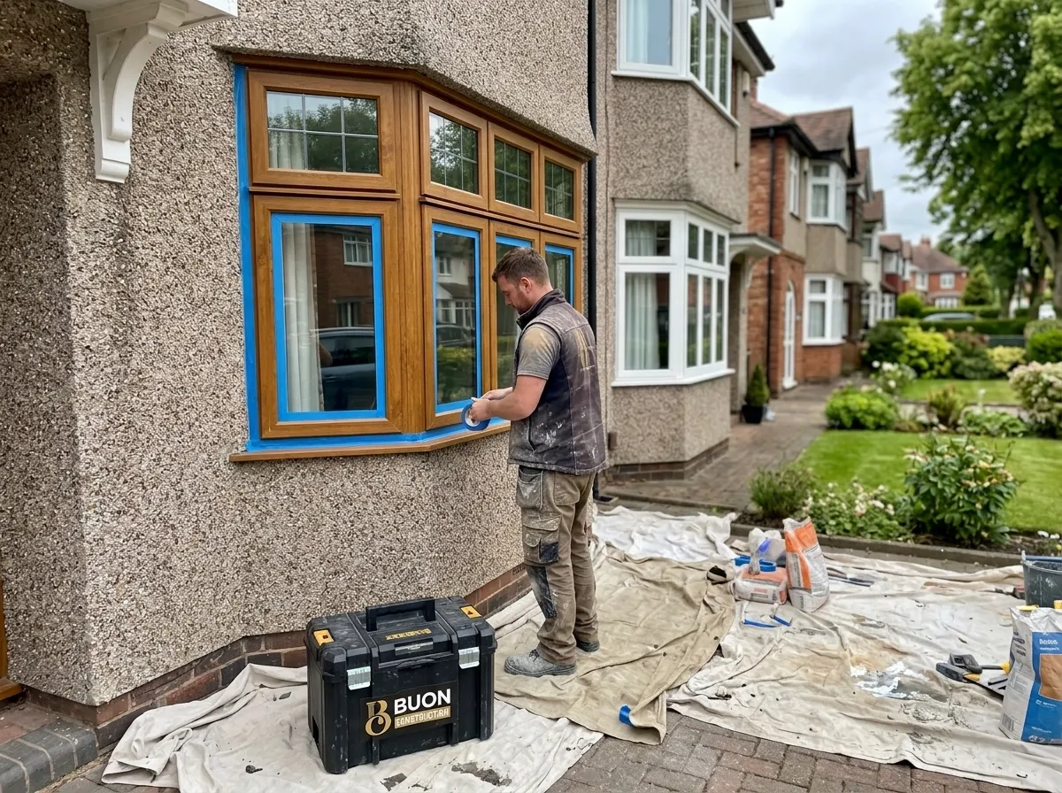 3 Builder masking windows and doors before external rendering in Nottingham
