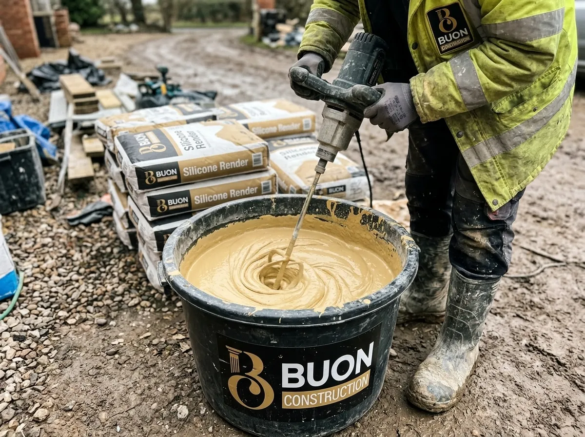 12 Renderer mixing silicone render on a rendering project in Wollaton, Nottingham