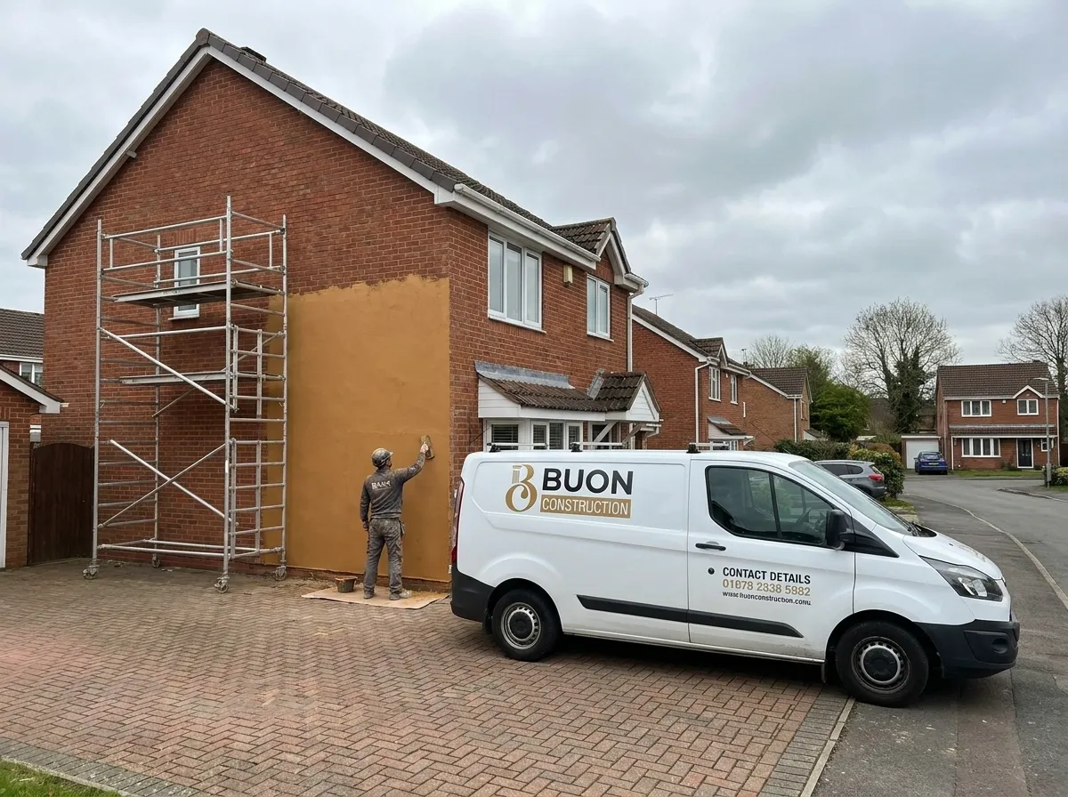 Plasterer applying external render to a house in Carlton, Nottingham