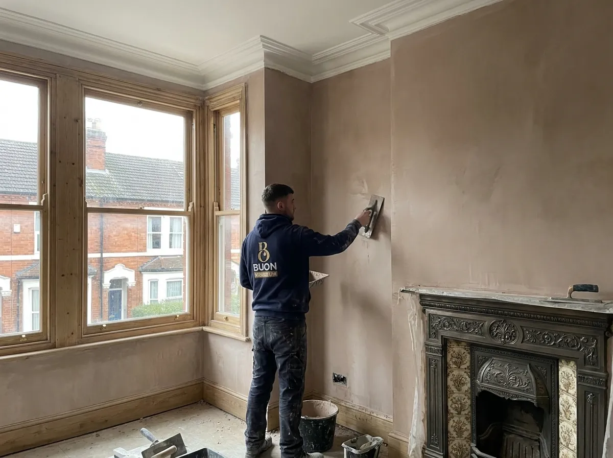 Plasterer finishing walls to a smooth, even surface in a Nottingham house