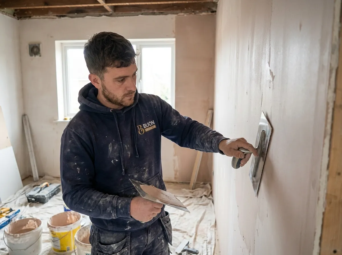 Plasterer skimming a wall to a smooth finish in a Nottingham home