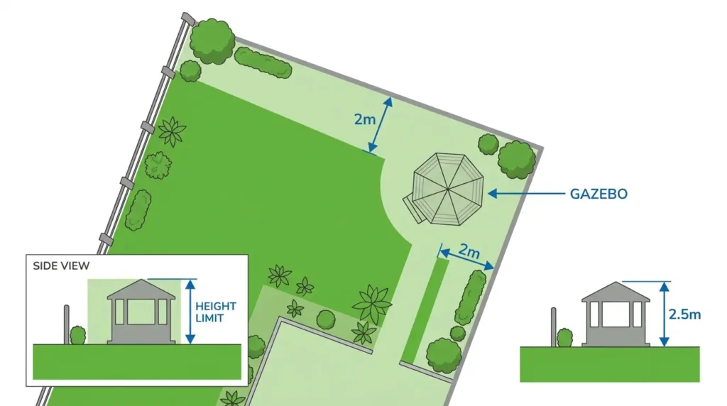 Diagram showing 2 metre boundary distance rule for gazebo planning permission in England