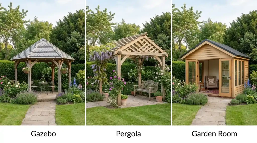 Comparison of a gazebo, pergola and garden room in a UK garden