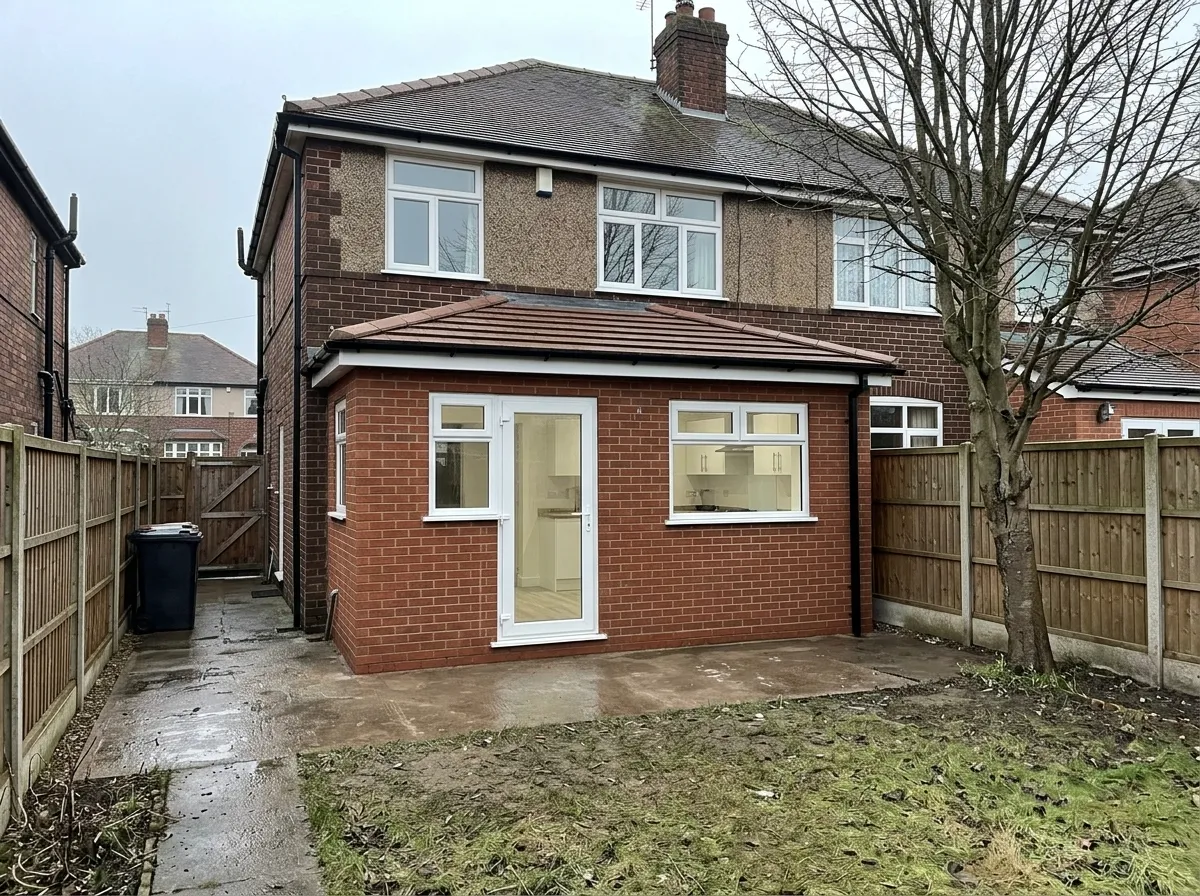 Completed single-storey rear kitchen extension on a house in Nottingham