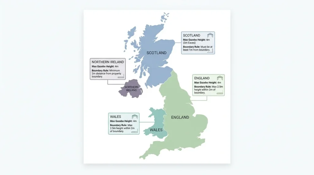 Map comparing gazebo planning permission height rules in England, Wales, Scotland and Northern Ireland