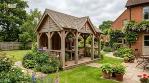 Wooden gazebo with dual-pitched roof in a UK back garden