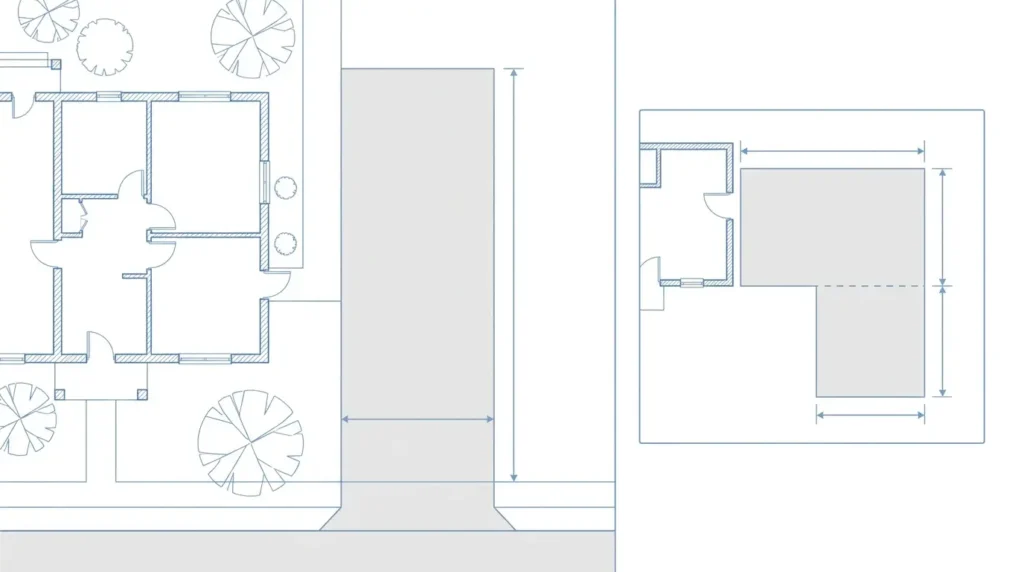 Plan view of a house with a rectangular driveway and length and width lines, beside an L-shaped drive split into two rectangles