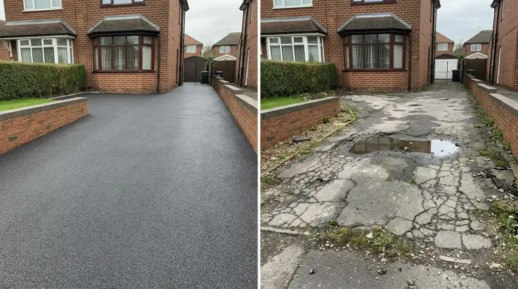 Smooth, intact tarmac driveway beside the same drive with cracked, crumbling tarmac and a puddle that needs rebuilding